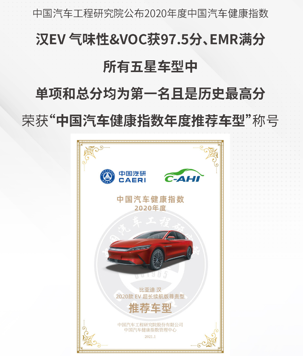 看不见摸不着的汽车健康 比亚迪汉获中国汽车健康指数五星评级