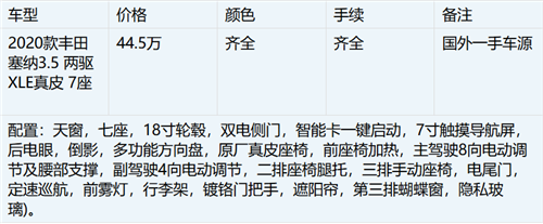 全新2020款丰田塞纳两驱XLE配备二排腿托