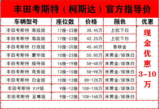 丰田柯斯达19座价格 丰田考斯特20座   