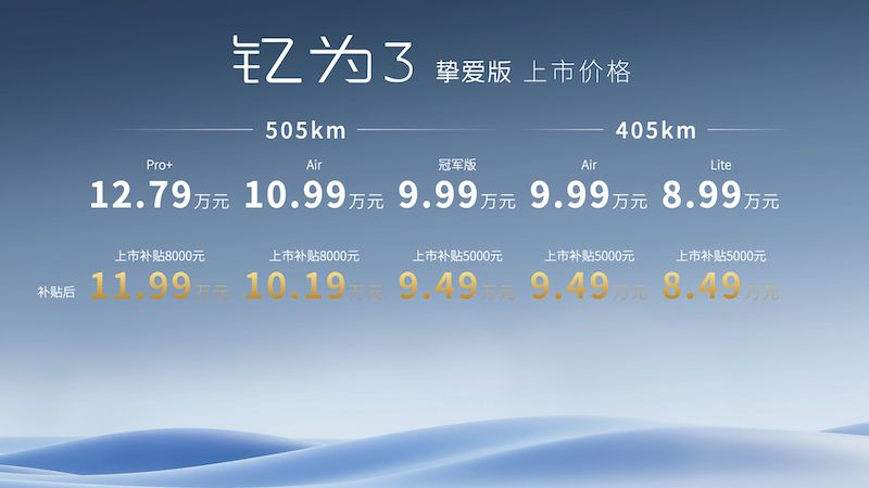 6.99万元起售，江淮钇为3挚爱版上市，新增330km续航