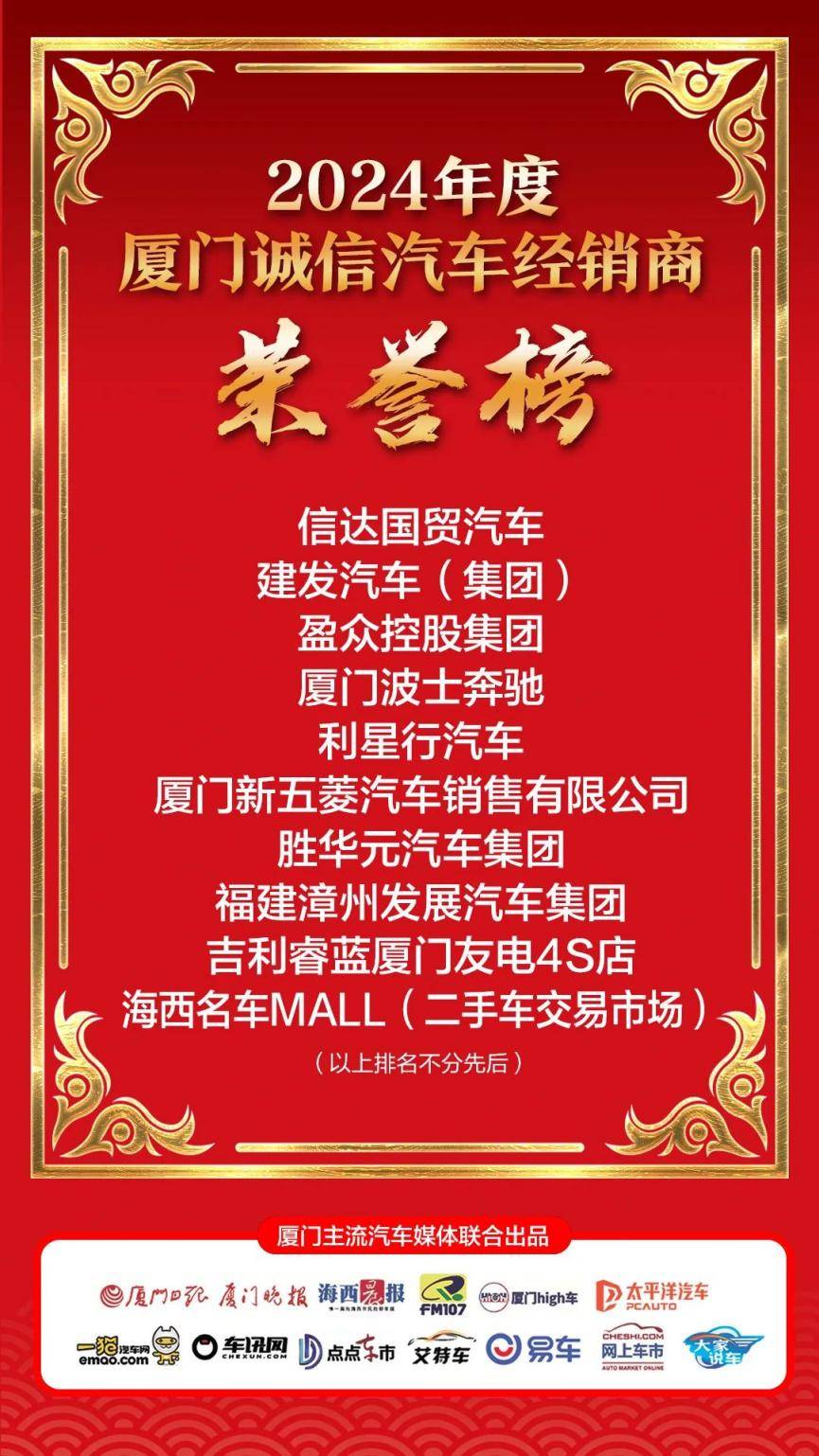 10家经销商加冕“2024厦门诚信汽车经销商”